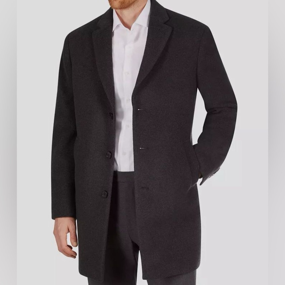 Calvin Klein Men's Black Slim-Fit Wool-Blend Overcoat Jacket
